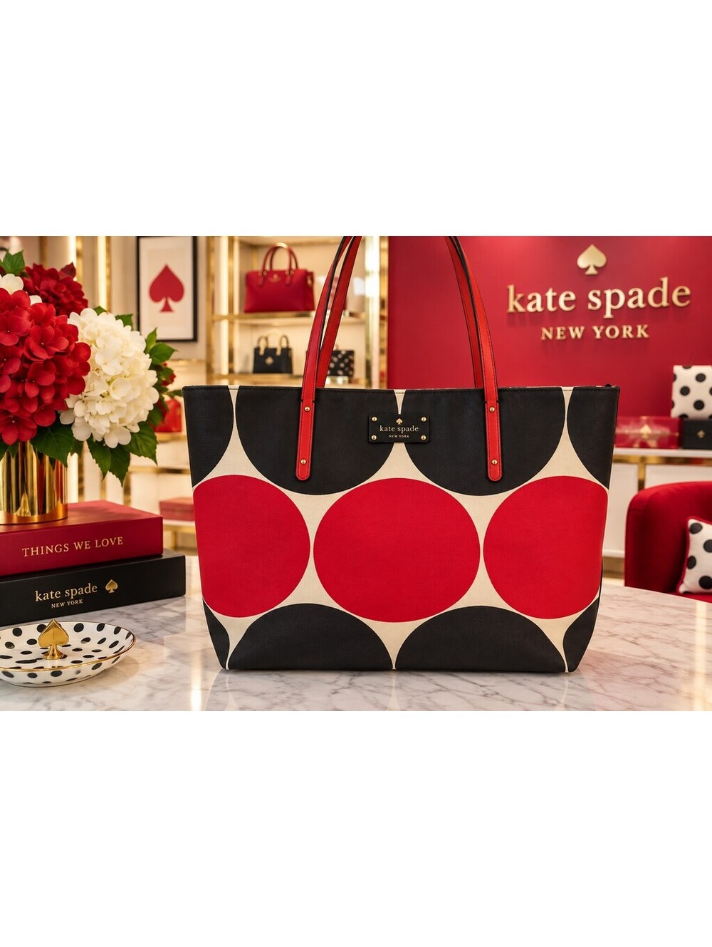 Kate Spade | Red Charcoal Big Dot Canvas Tote